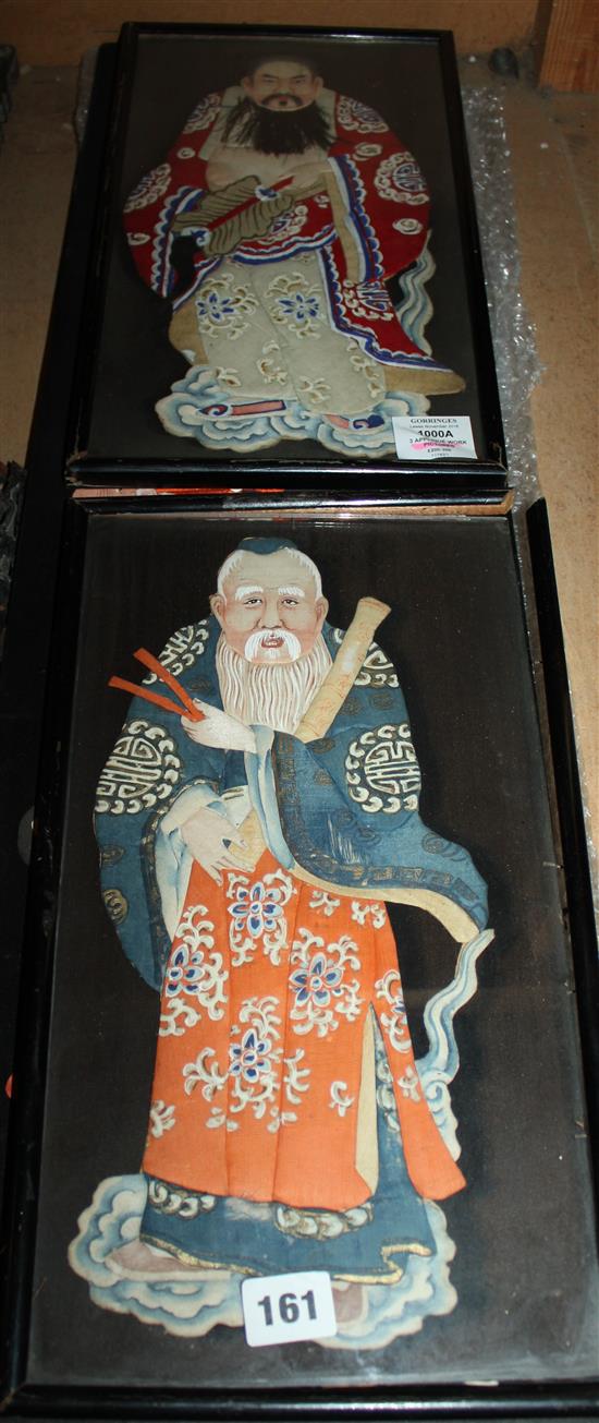 Three Chinese appliqué work pictures, early 20th century, 89.5 x 30cm and 40 x 22cm